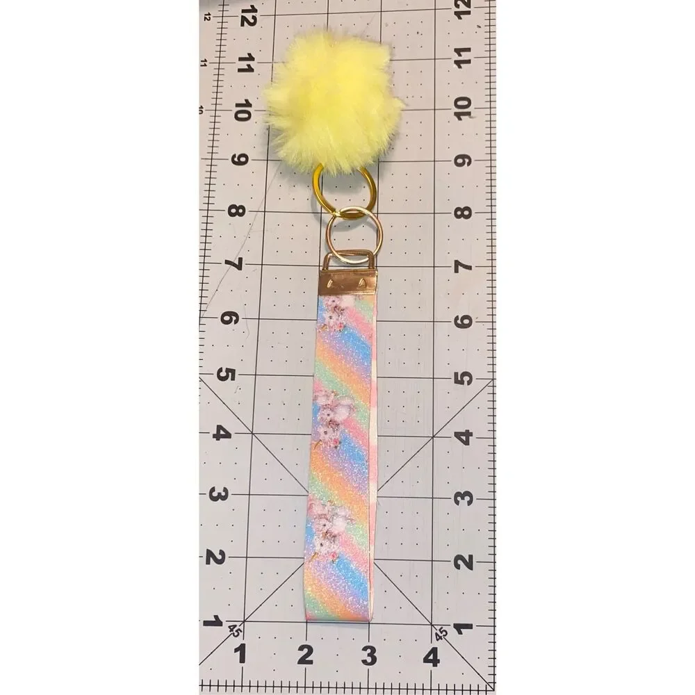 ☀️3/$9☀️ Unicorn Rainbow Faux Leather Keychain Wristlet with Yellow Pom Pom